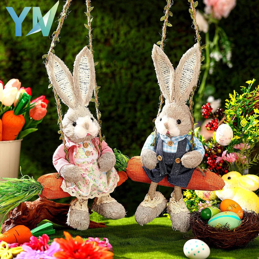 Osterhase auf Schaukel Handgefertigte Gewebte Grasfigur Kreatives Dekorationsobjekt Hängende Verzierung Waldthema Geschenk Souvenir
