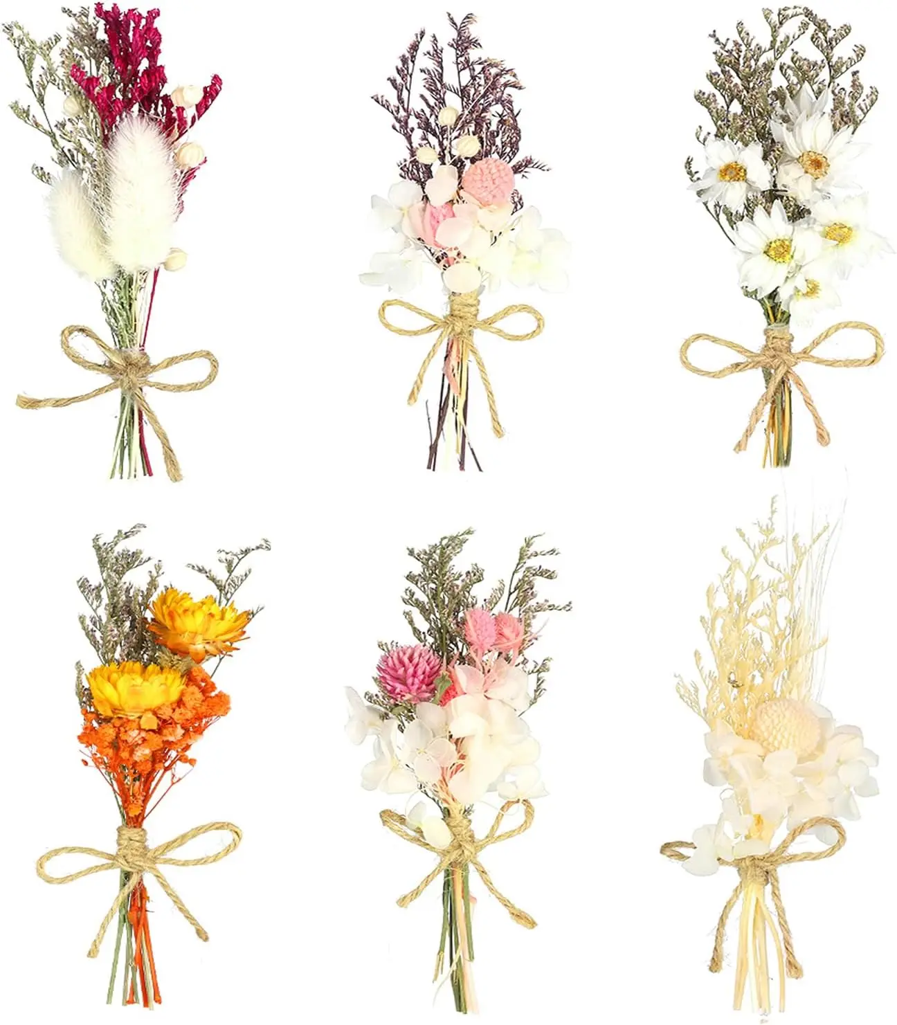 

6 PCS Mini Natural Dried Flowers Bouquet Thanksgiving Halloween Christmas DIY Crafts Cake Bonus Flower Stickers Hemp Rope