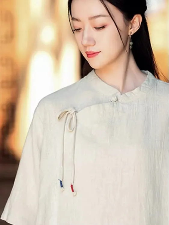 ชุดผู้หญิงผ้าฝ้ายลินินบางเบาสำหรับฤดูร้อน ชุดเสื้อผ้าพุทธศาสนา สไตล์เซน สีพื้นเรียบ คอตั้ง แขนยาวห้าส่วน