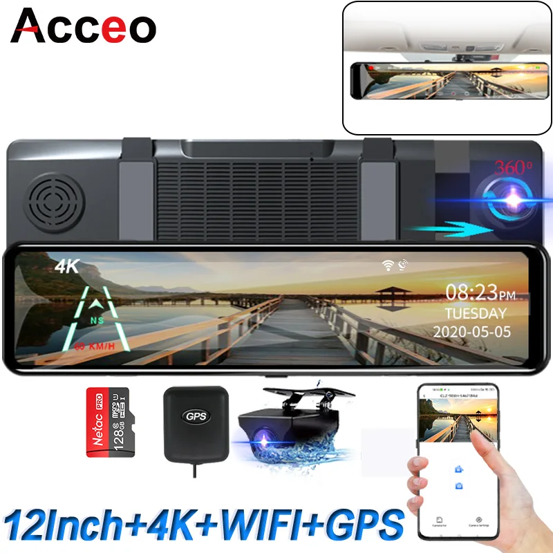 Acceo 4K WIFI Car DVR 12 Inch Touch RearView Mirror Video Recorder Support Sony Rear View Camera Dashcam Black box Car Camera