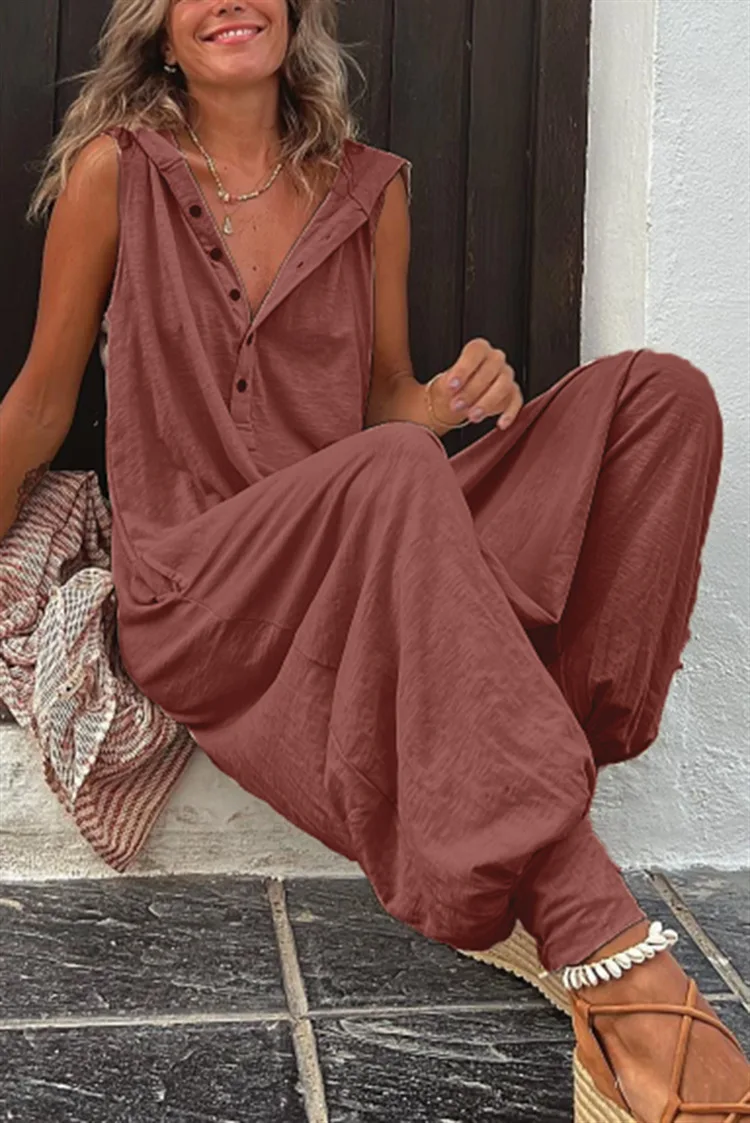 Damen Sommer Ärmelloser Lässiger Kapuzen-Jumpsuit V-Ausschnitt Lose Haremshose Einteiler für Urlaub und Alltag – Detail 14