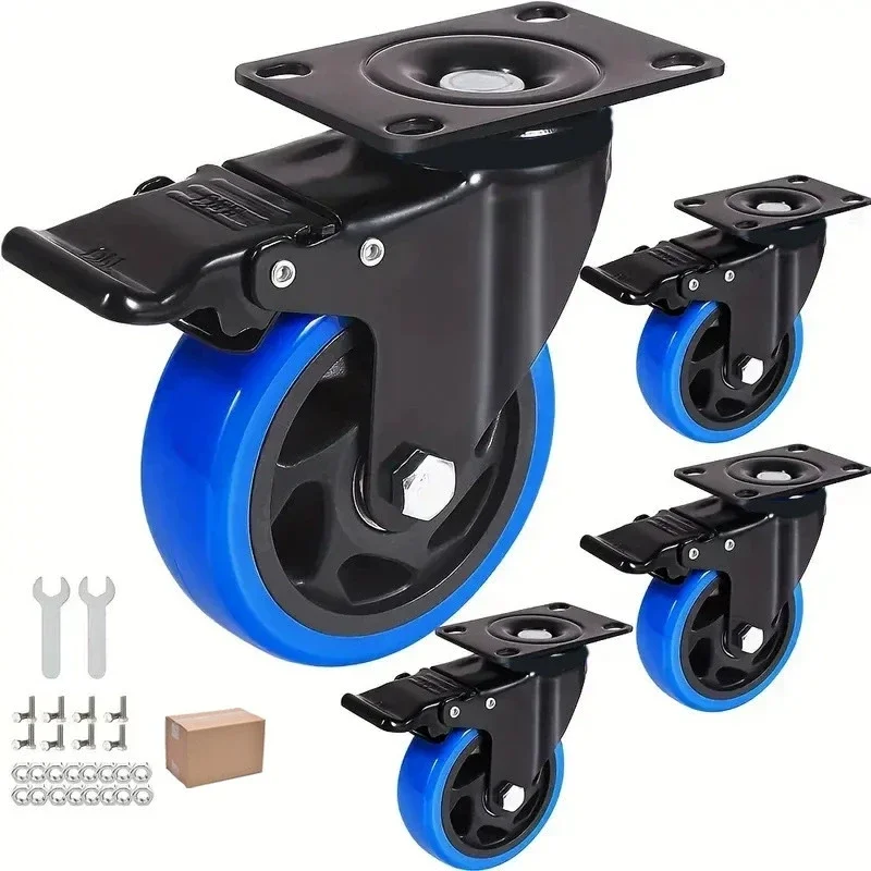 4 Pcs 3/4/5 Inch Medium Duty Orange Ventilated Floral Swivel Caster Wheel with Brake, Industrial Furniture Casters