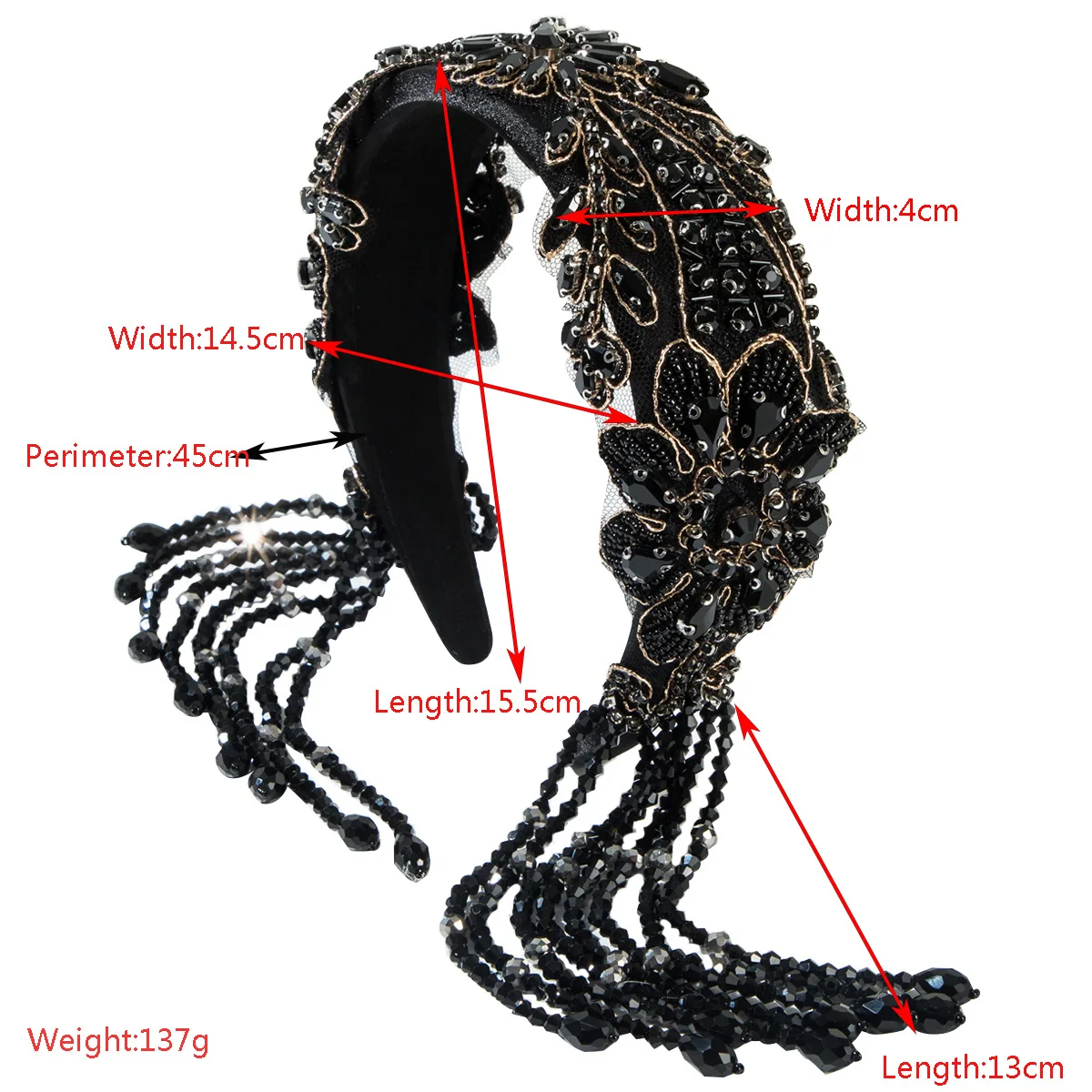 Fashion court style black diamond fringed headband heavy industry full diamond bead crystal retro light luxury ball hair accesso