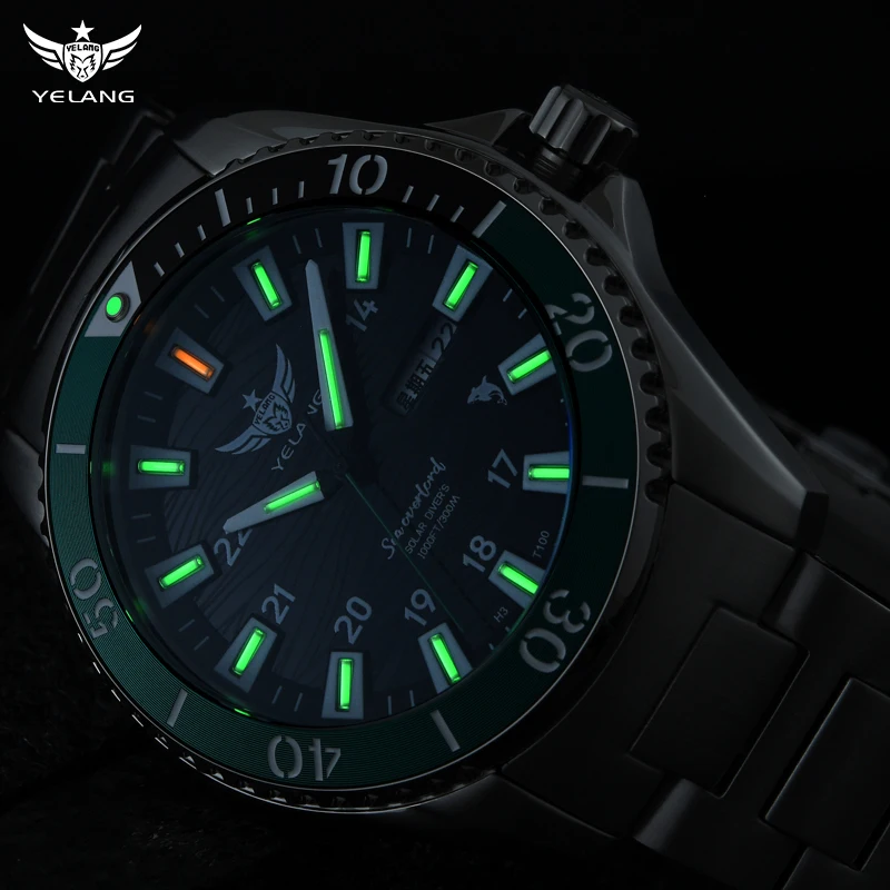 YelangV1213S Diving Solar Watch Luminous Japan VS43 Movement Waterproof Wristwatch 30Bar Sapphire Lume Reloj Crystal Water Ghost