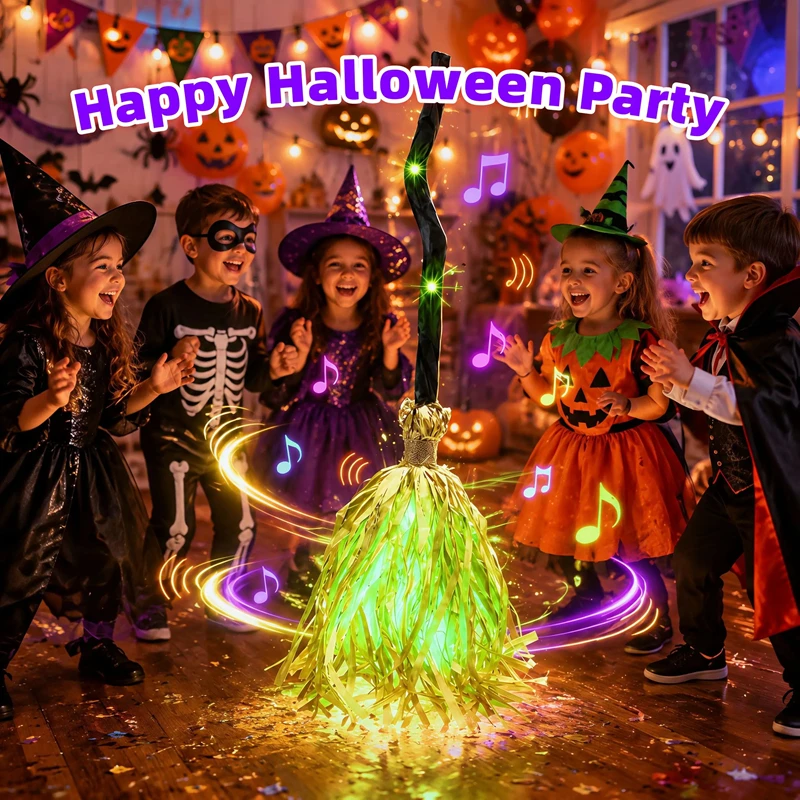 1 pièce : Balai de sorcière lumineux de qualité supérieure avec son et action de saut automatique, idéal pour cadeau de fête d'Halloween, décoration de célébration intérieure.