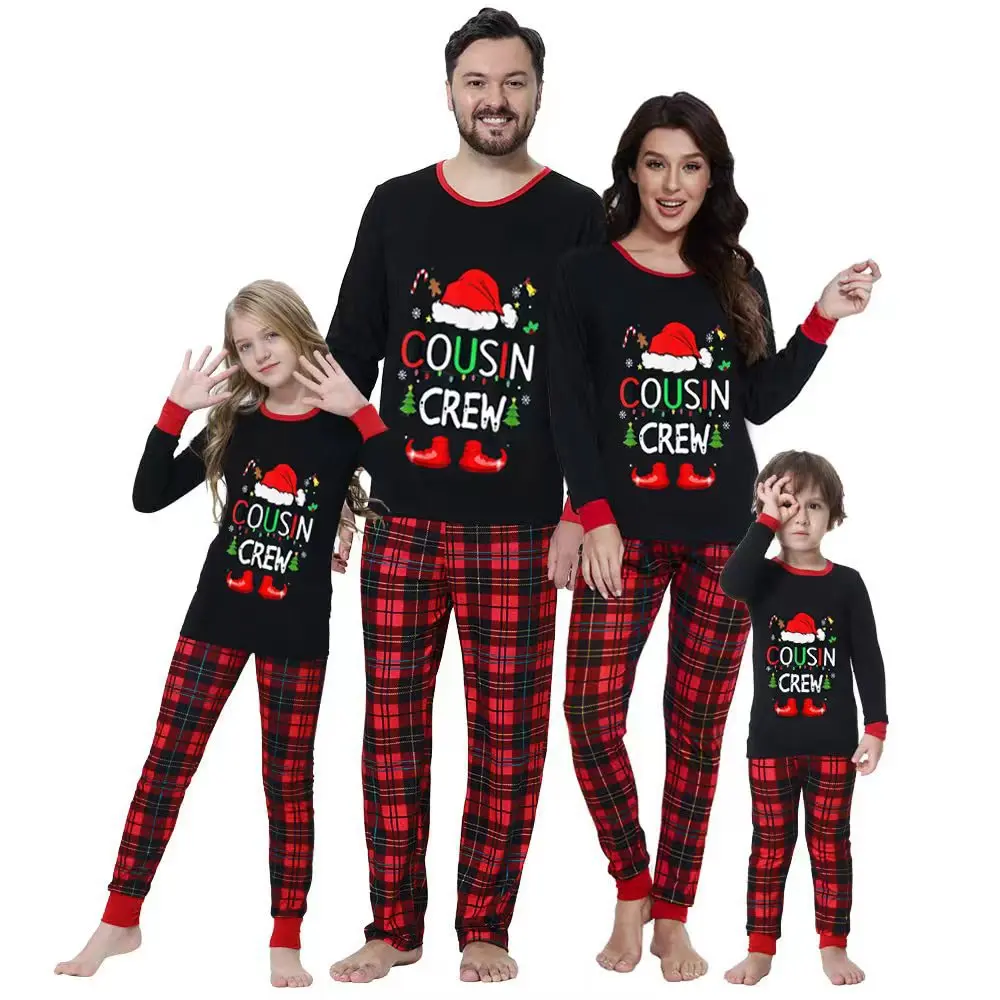 

European and American Family Matching Christmas Pajamas Set with Plaid, Santa & "CHRISTMAS CREW" Print, Cozy Xmas Loungewear