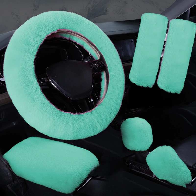 Plush Car Steering Wheel Cover 6piece Set Winter Warmth And Elastic Non Slip Handle Cover  Women's Car Interior Accessories