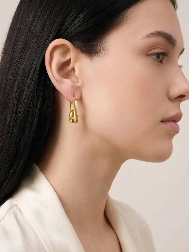 Trendy Double Row Paperclip Hoop Earrings for Women, 18K Gold Plated Stainless Steel, Chunky Oval Geometric Jewelry