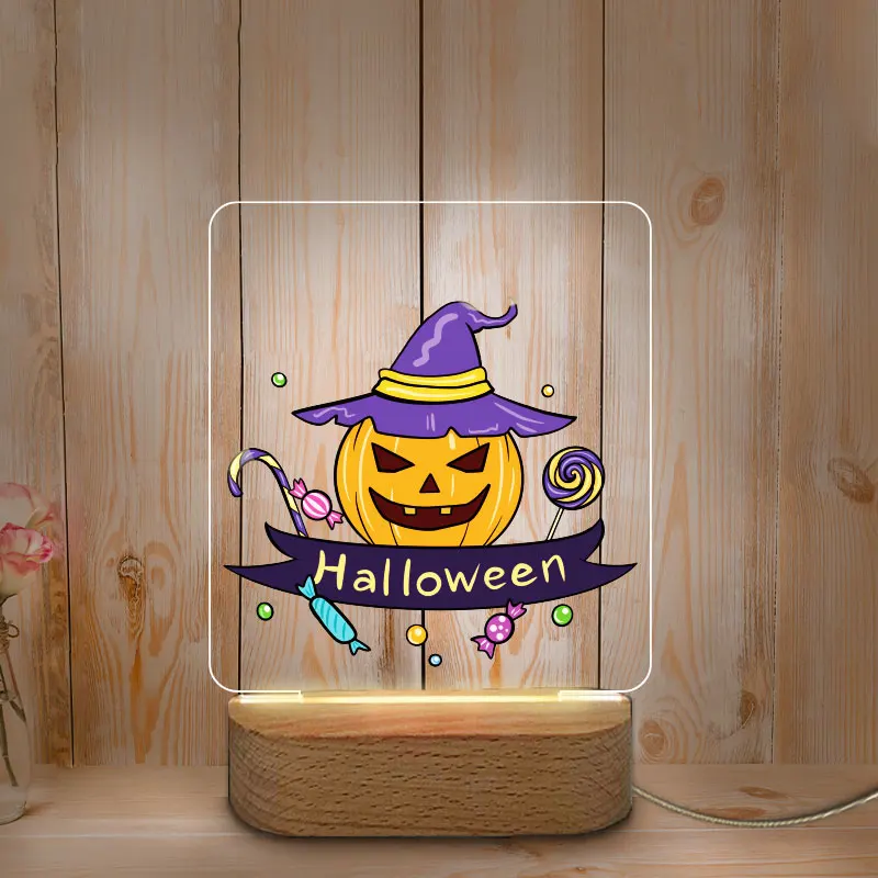 Lampe LED USB Personnalisée avec Base en Bois pour la Décoration d'Halloween, Luminaire Décoratif d'Nikavec Impression de Documents