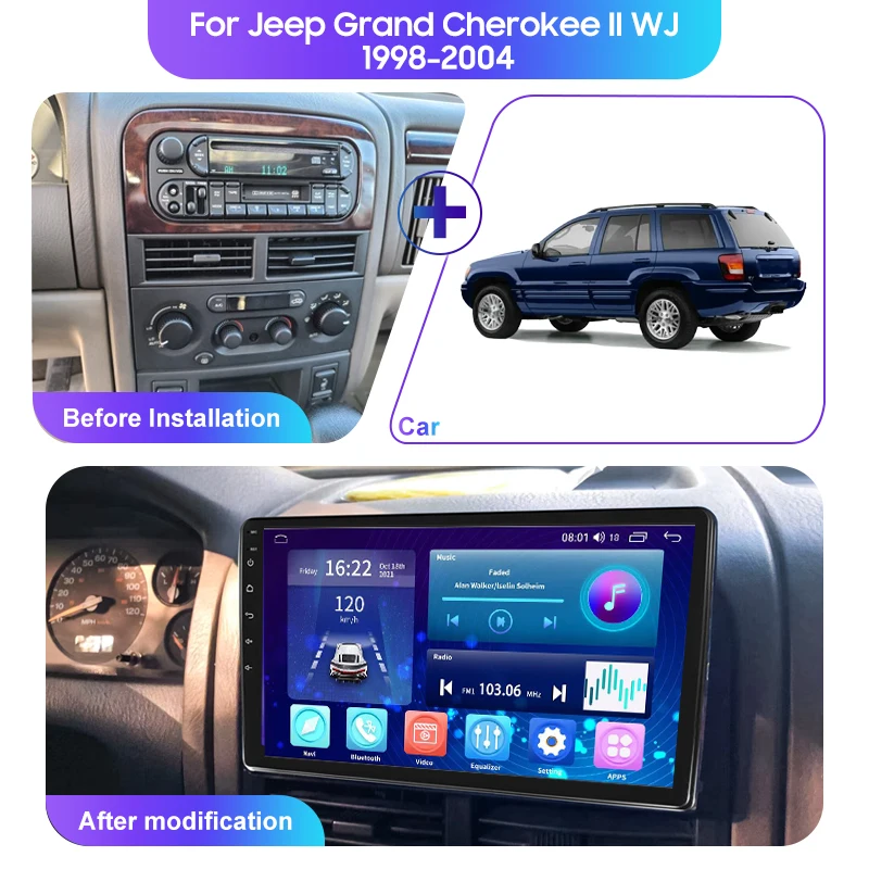 2Din Android12 radio mobil untuk Jeep Grand Cherokee II, radio mobil navigasi GPS WJ1998-2004 tanpa kabel, pemutar Video Multimedia mobil