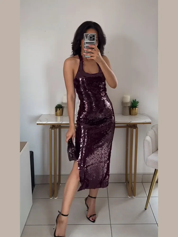 Elegant Shiny Sequins Burgundy Halter Long Dress Women Sexy Off Shoulder Backless Slim Prom Robes New Lady Evening Party Dress