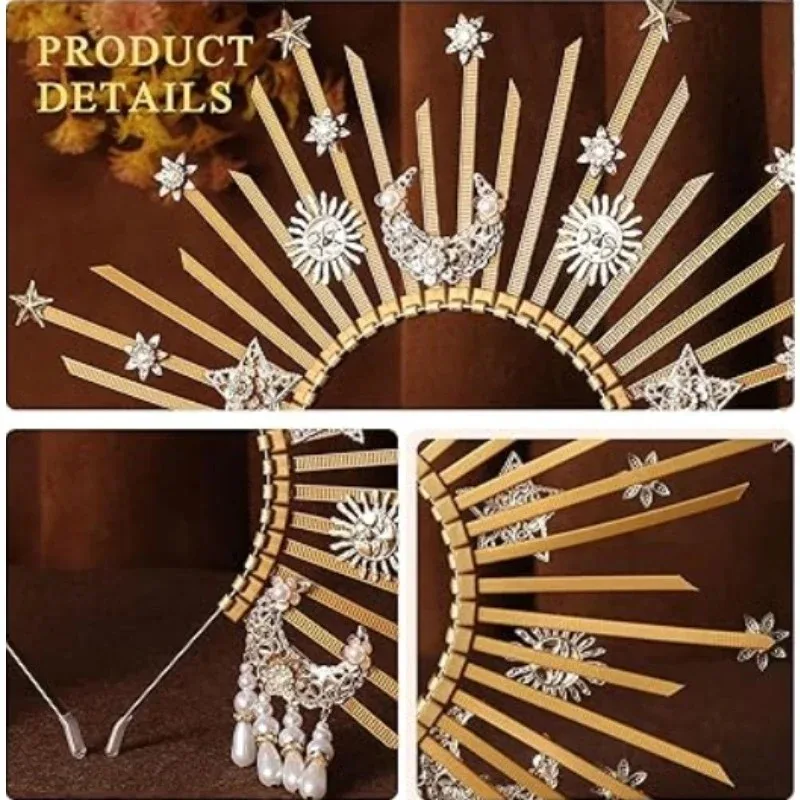 Sunburst Spike Goddess Crown - LED Light Up Halo Headpiece with Gold Star & Tassels for Greek Angel Queen Wedding Festival