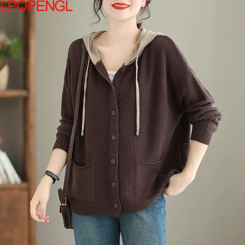 New Women Autumn Hooded Sweater Knitted Cardigan Vintage Loose Versatile Long Sleeve Contrasting Patchwork Single Breasted Coat