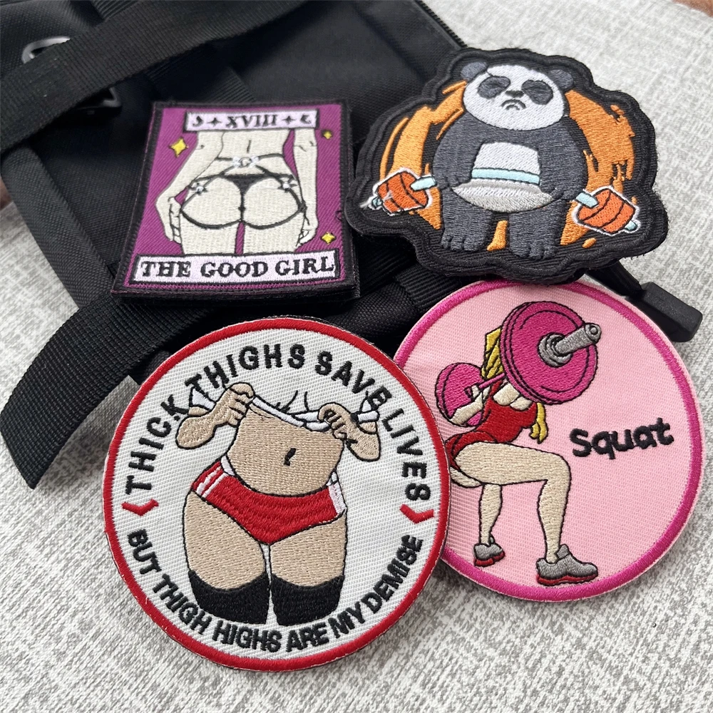 

Sexy Beauty Fitness Weightlifting Dumbbell Panda Morale Badge Patches Embroidery Armband Tactical Backpack Hook and Loop Sticker
