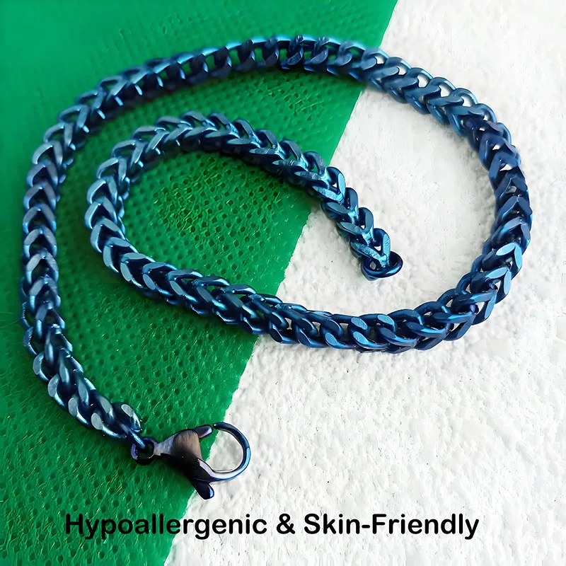 

4MM Wide Solid Titanium Chain Necklace for Men - Double Curb Link Blue Anodized Jewelry