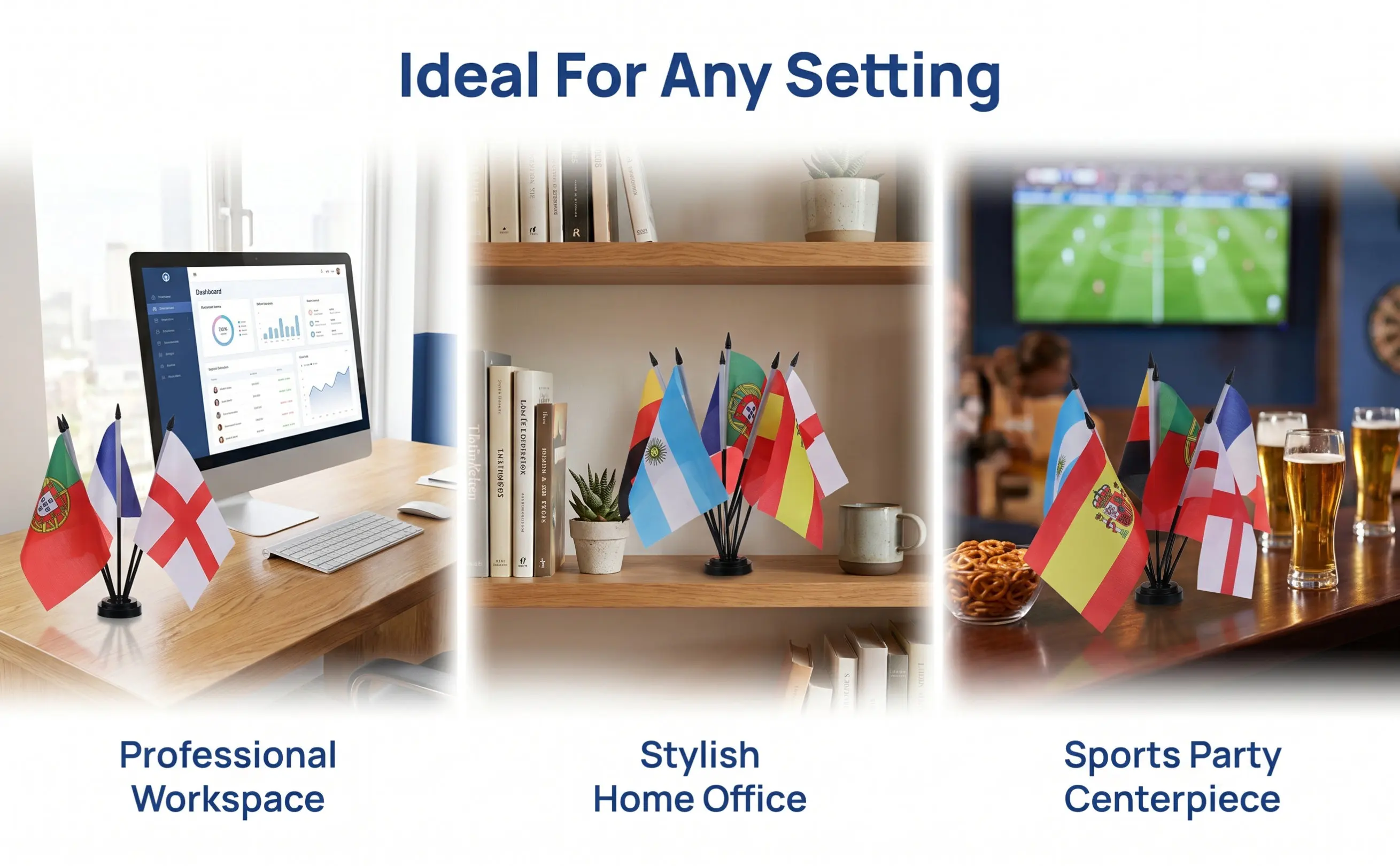 World Flags Mini Flag Stand Set for Desk – Spain, France, England, Argentina, Germany, Portugal Office Decoration