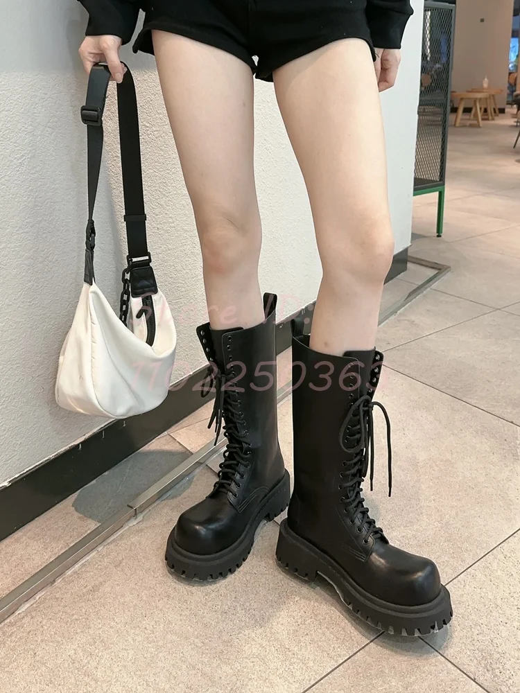 Super Cool Big Toe Mid-calf Boots Unisex Style Chunky Heel Heightening Thick Tole Shoes Black Women Lace-up Work Boots 2024