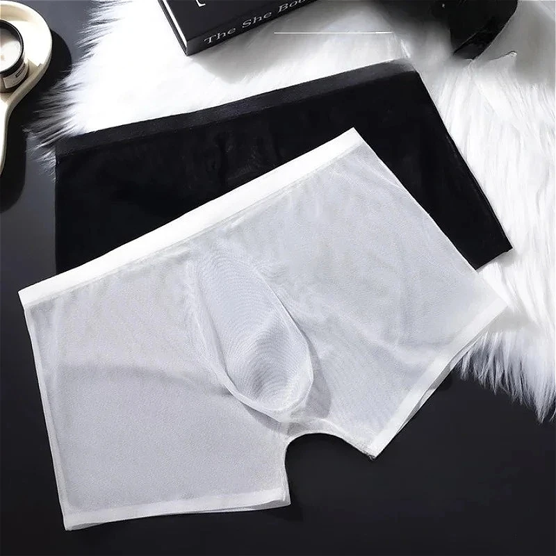 Sexy Ice Silk Men\'s Mesh Transparent Convex Pouch Underwear Summer Slim Male Seamless Boxers Bottoms Lightweight Underclothes