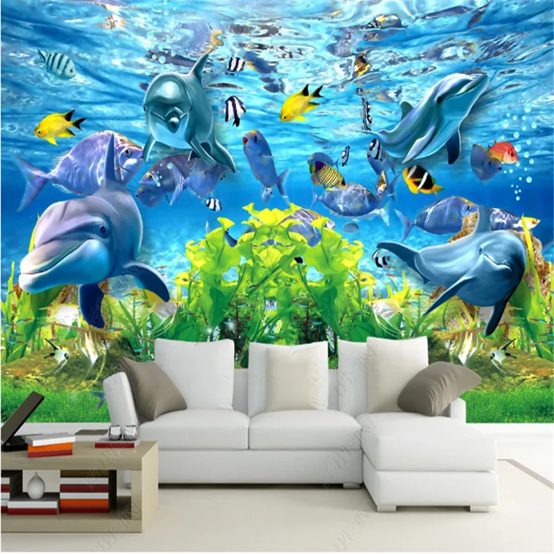 

Modern Wallpapers For Living Room HD Underwater World Bedroom Wallpaper Dolphin Fish School TV Background Wall Paper Home Decor