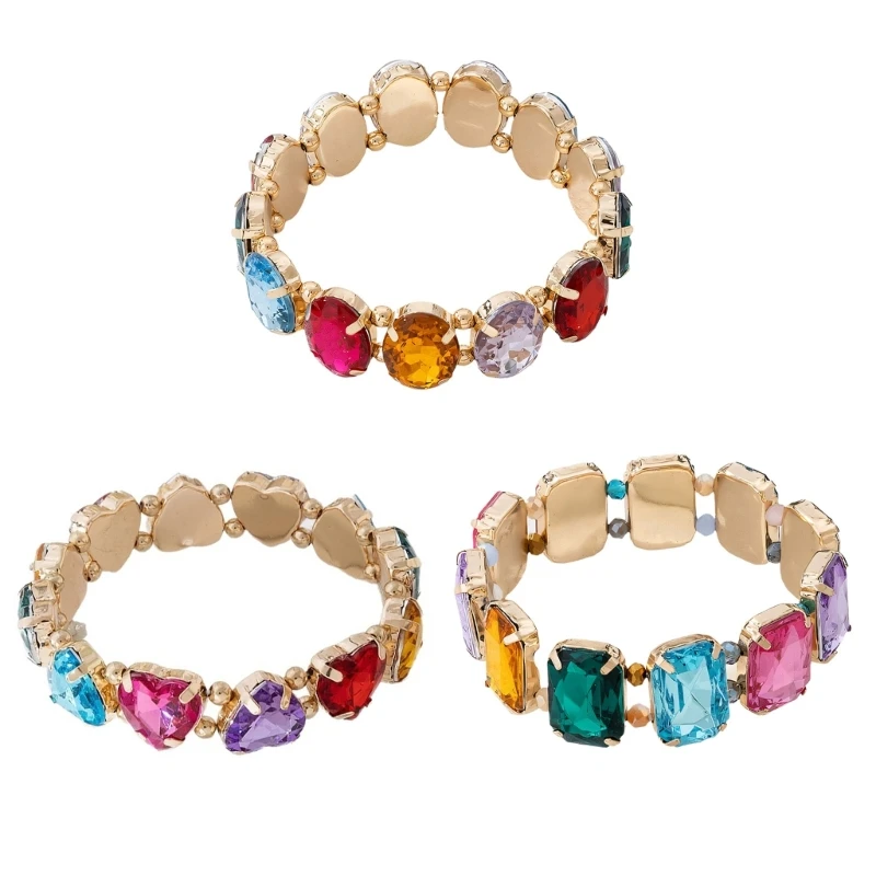 652F Handmade Geometric Beaded Bracelet Multicolor Rhinestones Bangle For Casual Or Formal Outfits