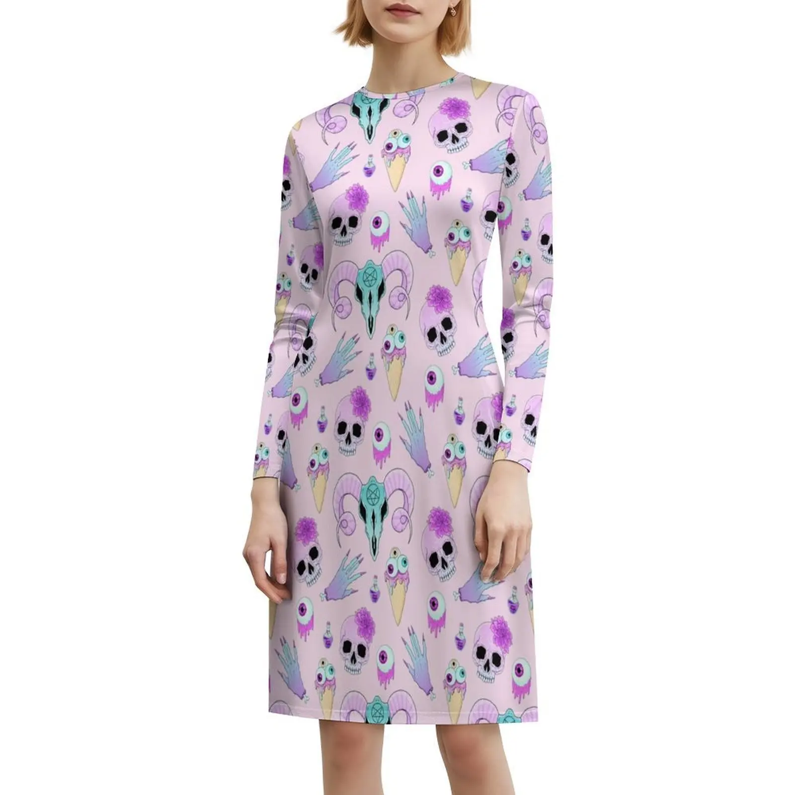 نسخة من Kawaii الباستيل القوطي لطيف زاحف غامض نمط البوهيمي فستان بلا أكمام متعدد طباعة شاطئ عطلة فستان الحفلات لطيف