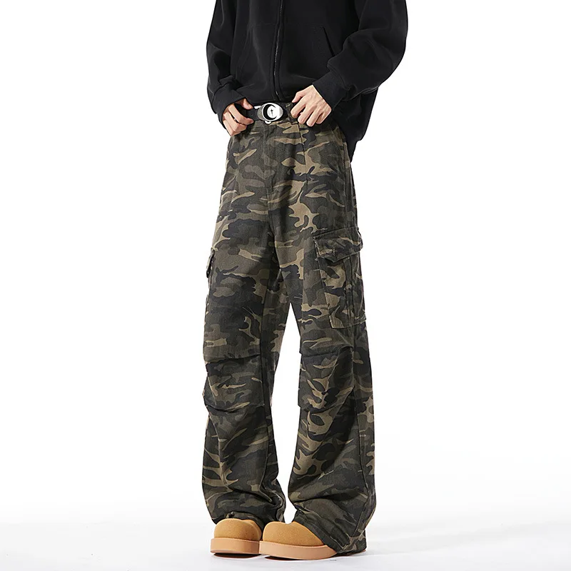 

Camouflage Cargo Men's Spring And Autumn New American High Street Large Pocket Straight Loose Wide Leg Casual Pants