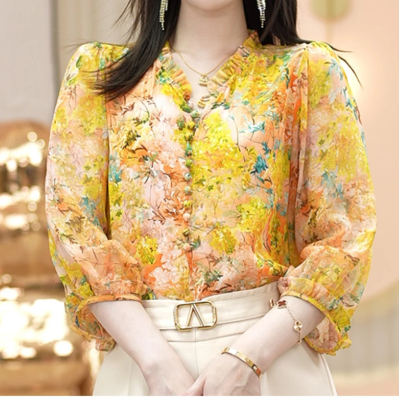 Vintage Blouse Women Plus Size Loose Chiffon Shirt 3/4 Sleeve Casual V Neck Floral Top Thin