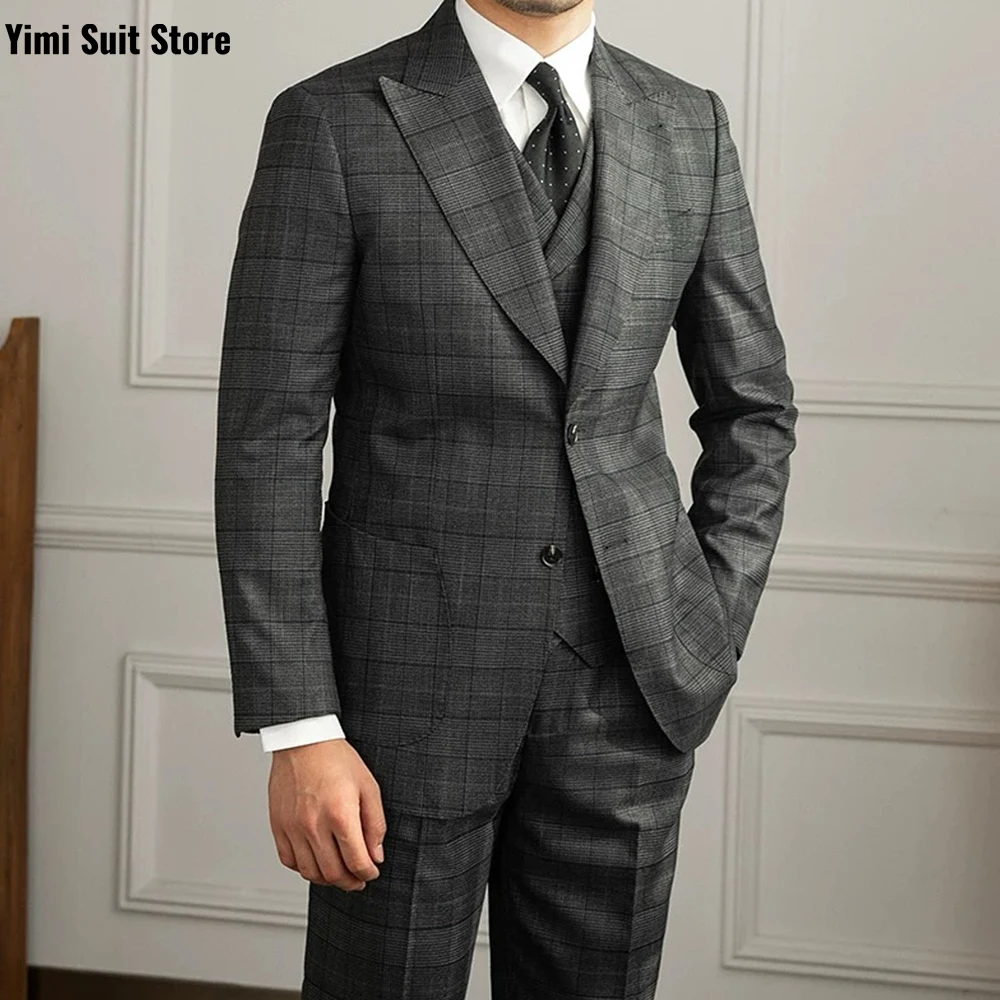 YiMinpwp Herrenanzug, 3-teiliges Set, kariert, klassische Anlasskleidung, formelle Hochzeit, Business-Anzug für Männer, Sets, Smoking, Jacke + Weste + Hose