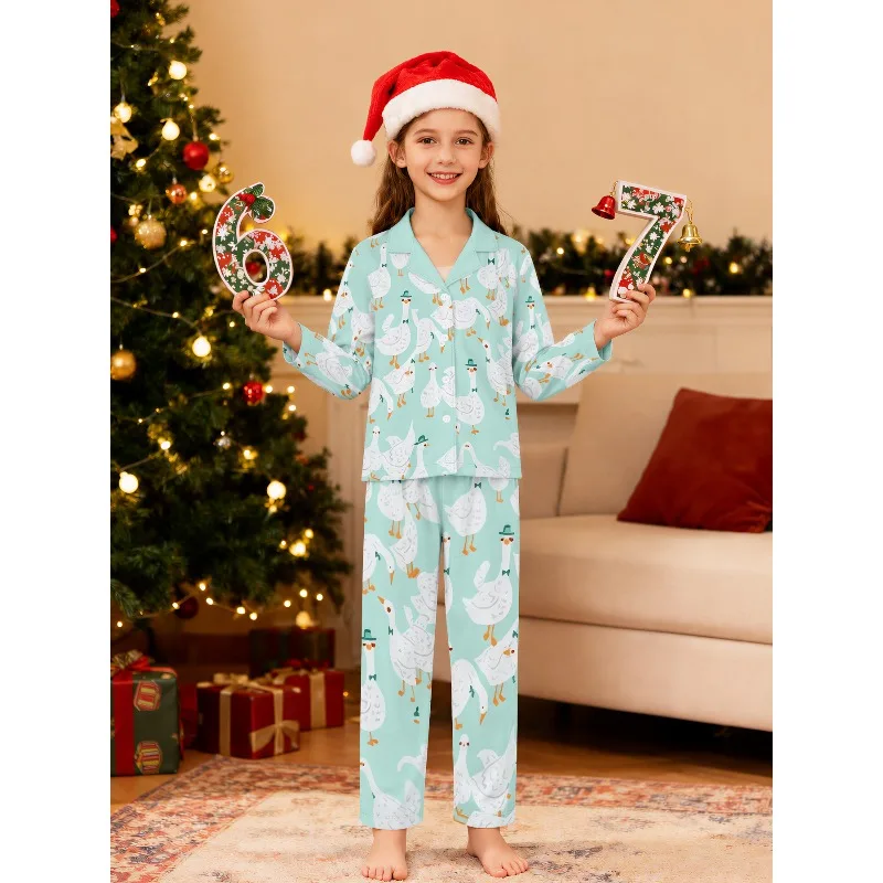 Girls Lapel Pajama Set Long Sleeve Nightwear Assorted Cowboy Goose Halloween Puppy Cherry Duck Prints Perfect Birthday Xmas Gift
