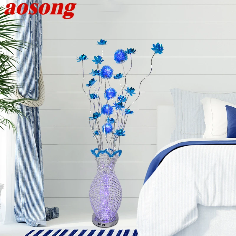 AOSONG Nordic Blue Floor Lamp Modern Art Living Room Bedroom Hotel  Aluminum Wire LED Originality Flower Decorative Light