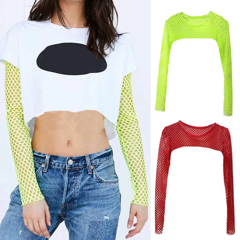 Summer Hollow out Long Sleeve Women's T-Shirt Ultra Short Shoulder Style Dance Fashion Mesh Versatile Top Street Style Slim Fit