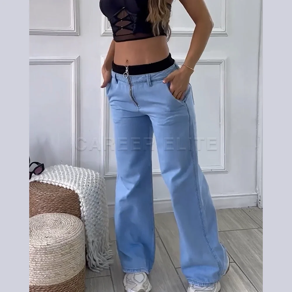 

Wide Leg Jeans Mid Waist Pants Fashion Vintage Light Blue Denim Trousers Casual Straight Pant All Season Y2k Front Zipper Design