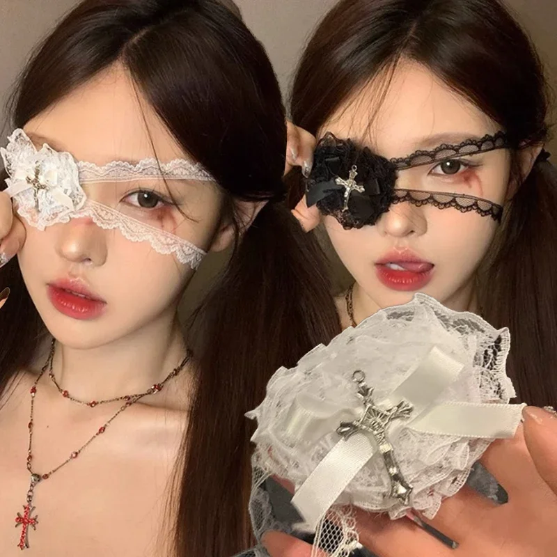 أسود أبيض القوطية الشرير قناع عين المرأة تأثيري الحلو كول الدانتيل القلب القوس الصليب غطاء العين لوليتا الظلام حفلة تأثيري اكسسوارات