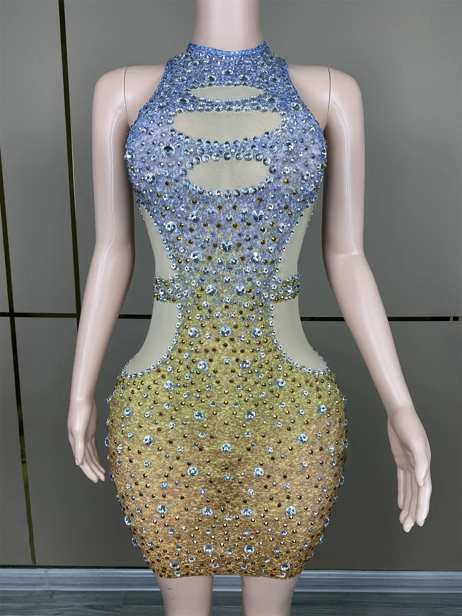 Vestido de noite sem mangas feminino com diamante de água falso oco design hip envoltório saia para jantar de celebridades tapete vermelho bola