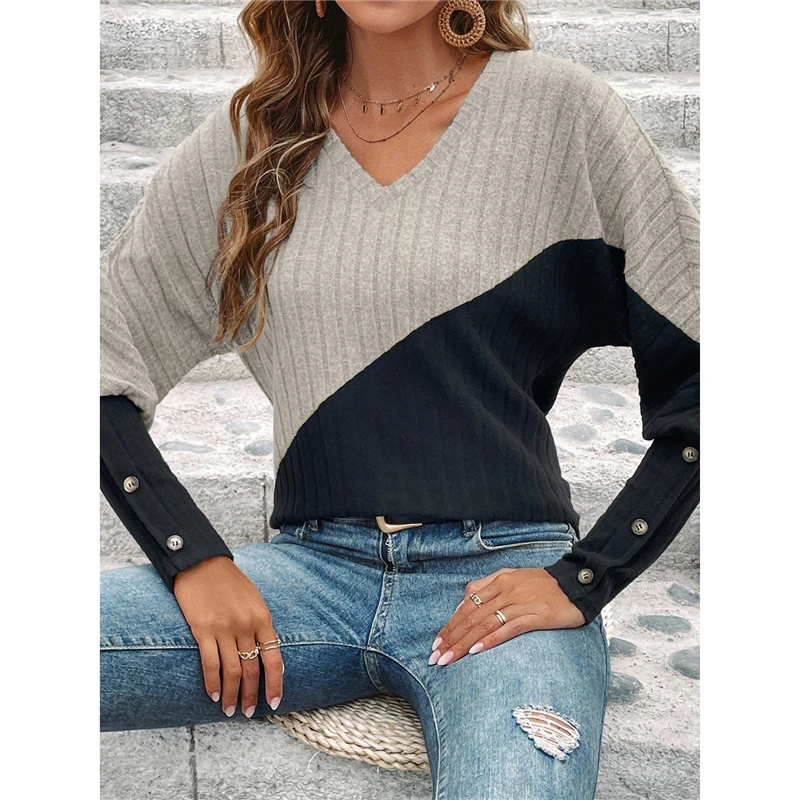 

Women Autumn Winter Fashion Contrast Color Patchwork Ribbed Elegant Basic T Shirt Casual V Neck Long Sleeve Slim Pullover Tops