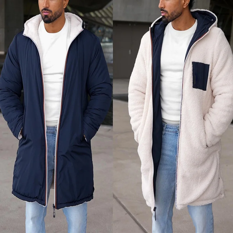 Fashion Double Sided Long Parkas Jacket for Men Warm Thick Plush Lambswool Coat Winter Teddy Fleece Hoooded Coat Overcoat