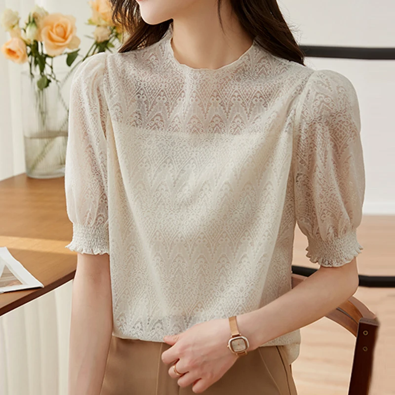 

Elegant Summer Lace Blouse Loose Women Puff Short Sleeve Knitted Tops 2023 Crochet Hollow Casual Sweet Ladies Shirts Mujer 27053