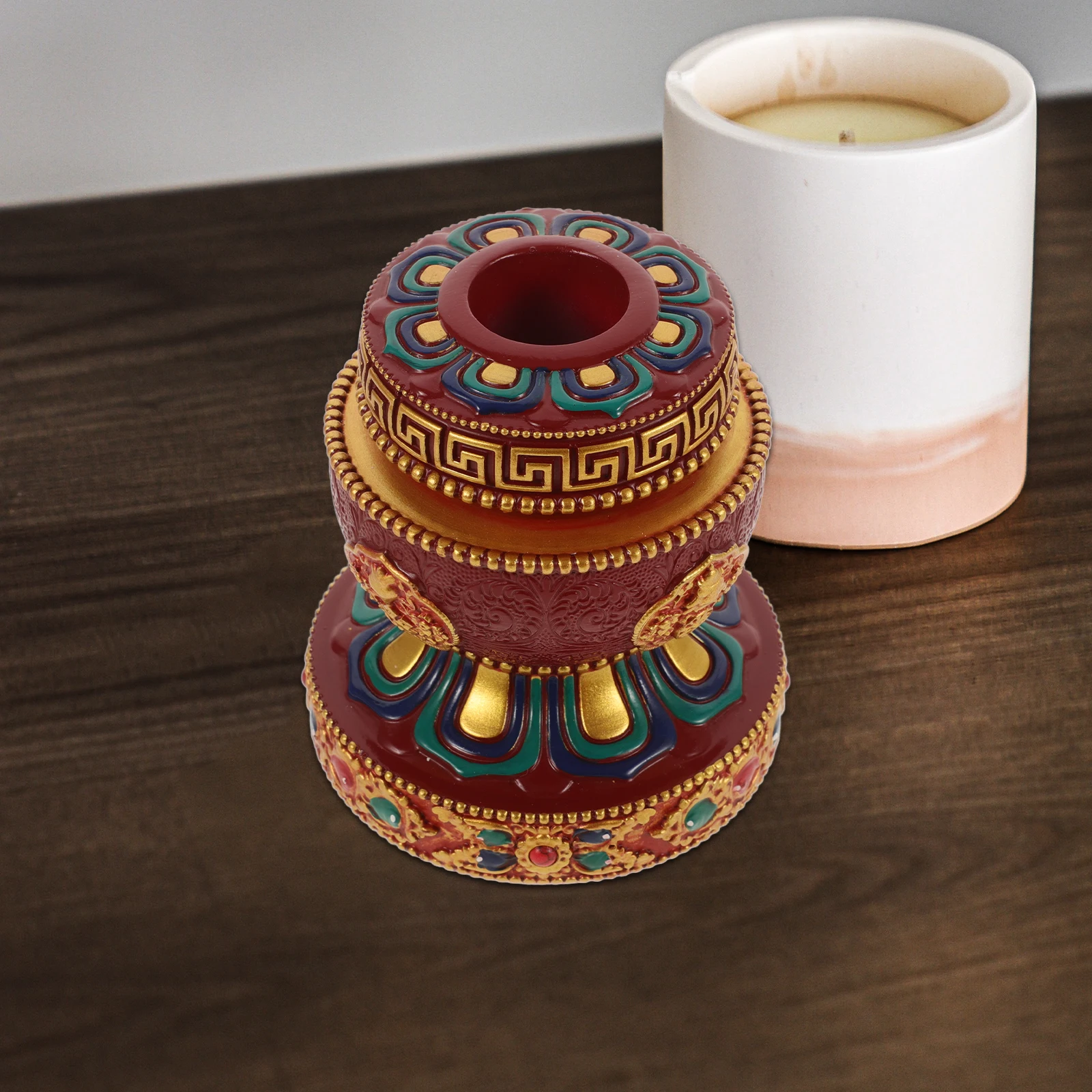 

Resin Buddha Prayer Wheel Stand Lotus Base Decoration Tibetan Buddhist Ornament for Temple Display Home Spiritual Decor