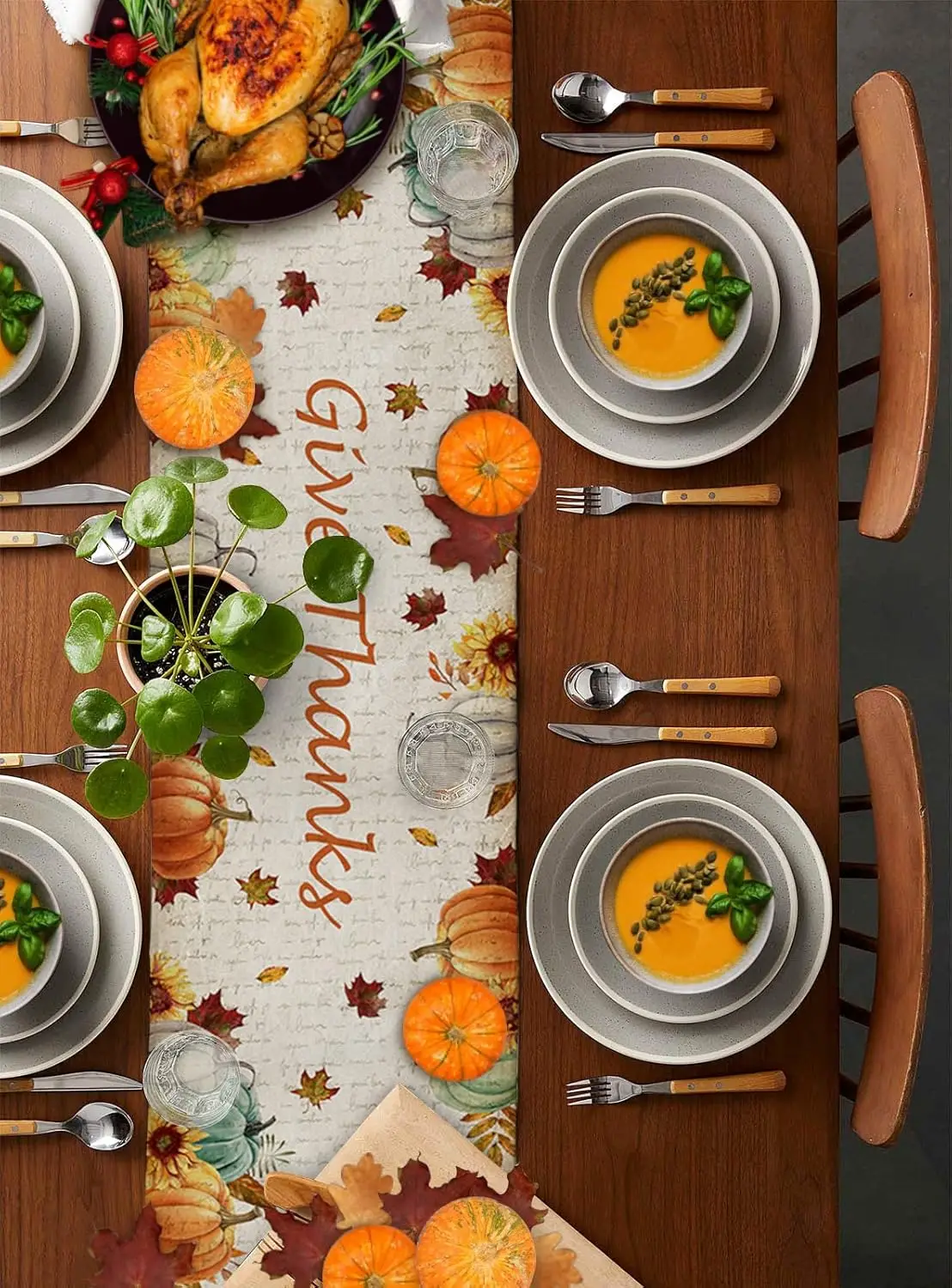 Thanksgiving Car with Pumpkin Sunflower Heat Insulation Linen Table Runners Wedding Decor Washable Kitchen Dining Table Runners