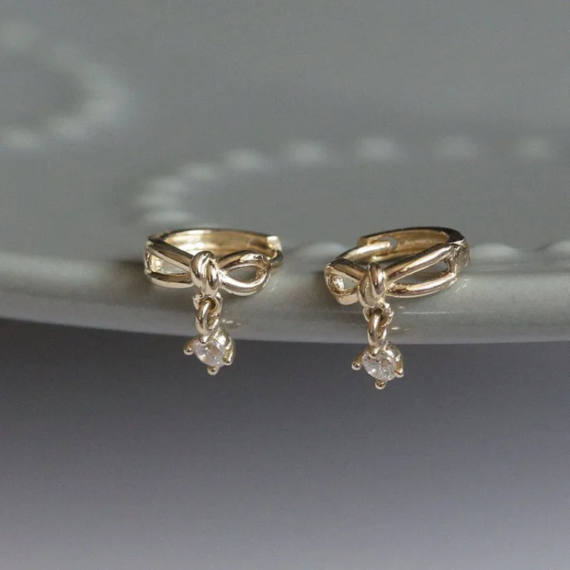 925 Sterling Silver Korean Sweet Bow Zircon Pendant Earrings for Women High Quality Simple Party Jewelry