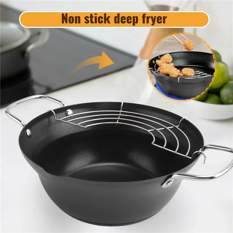 Easy Pour Non Stick Coating Tempura Fryer Pot With Oil Drip Drainer Rack Japanese-Style Mini Deep Fry Pan-New