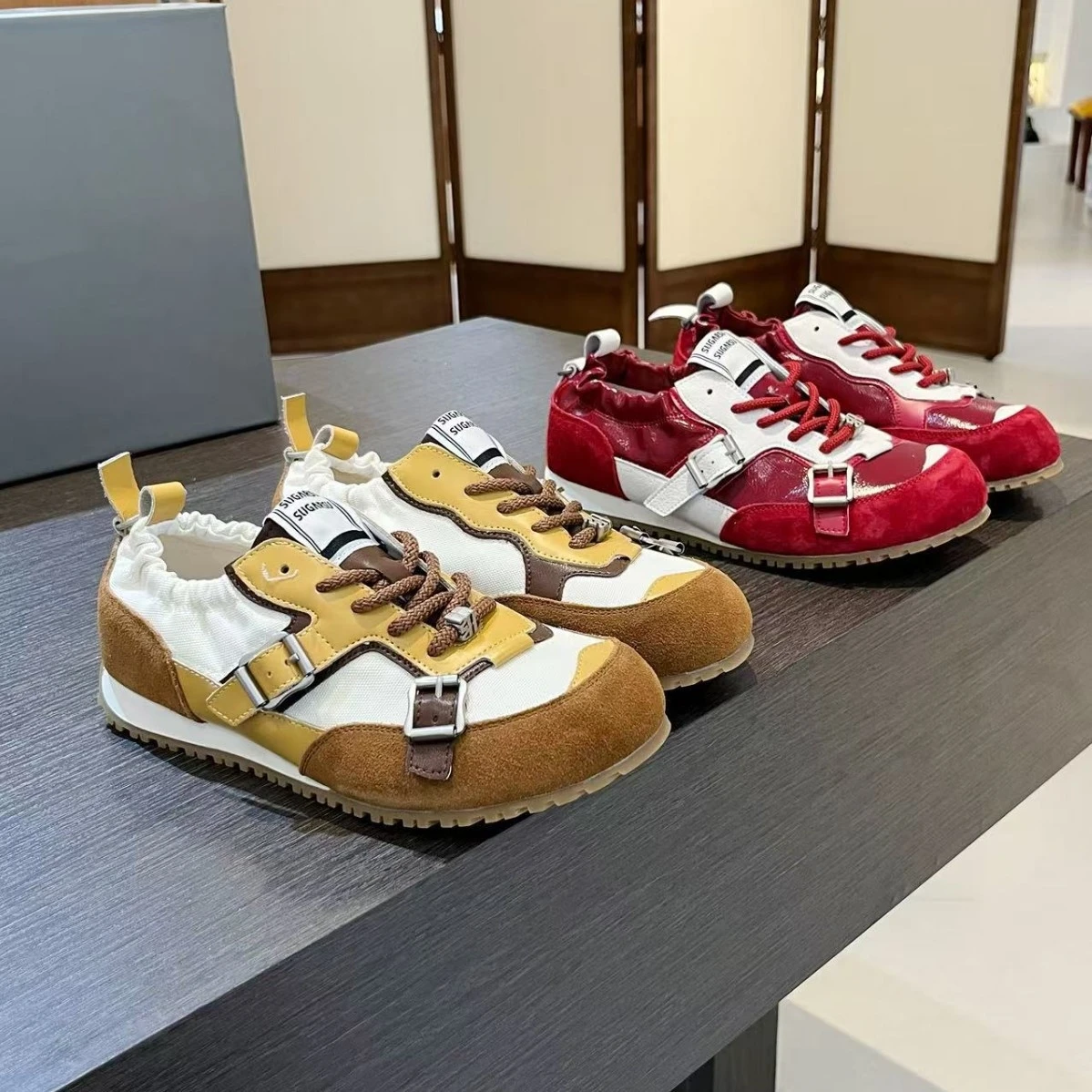 Adult Girls Retro Red Interior Height Increasing German Training Shoes Women New Casual Color Blocking Buckle Sports Shoes