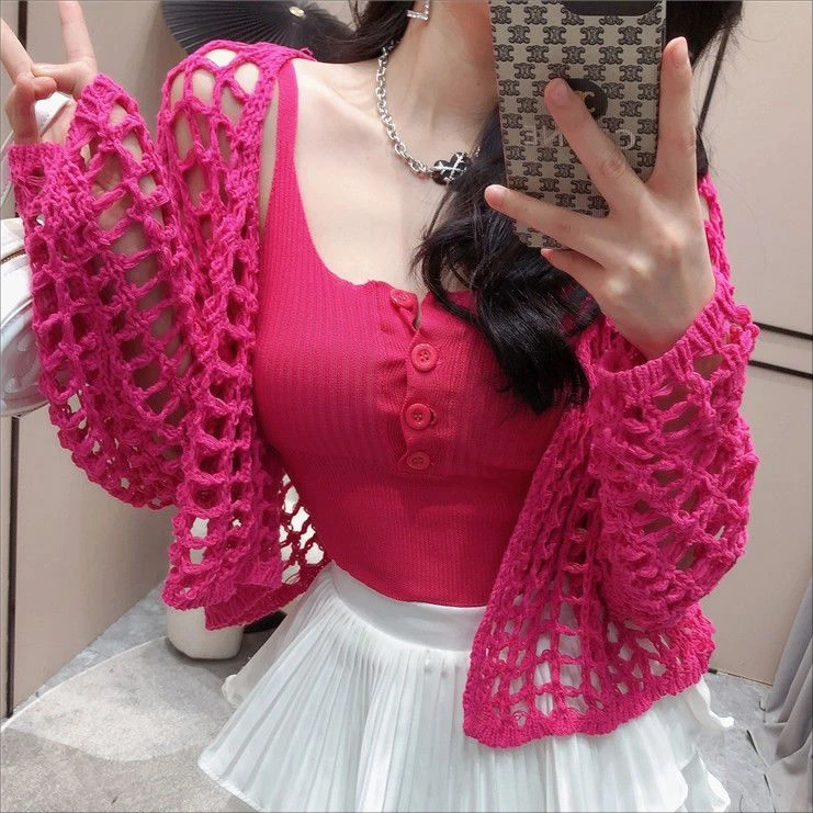 

Mumirly Summer New Loose Knitted Set Women's Fashion Sunscreen Hollow out Cardigan And Small Strap Two Piece Set Pure Desire