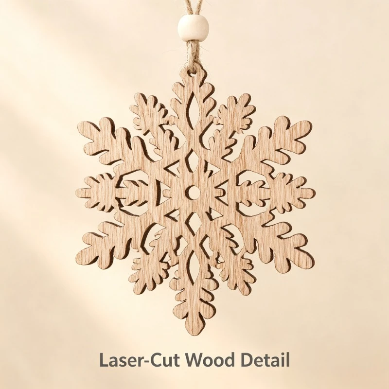 Wooden Snowflake Christmas Tree Ornaments, Rustic Laser-Cut Hanging Decor with Jute Rope for Holiday Home & Party Decoration