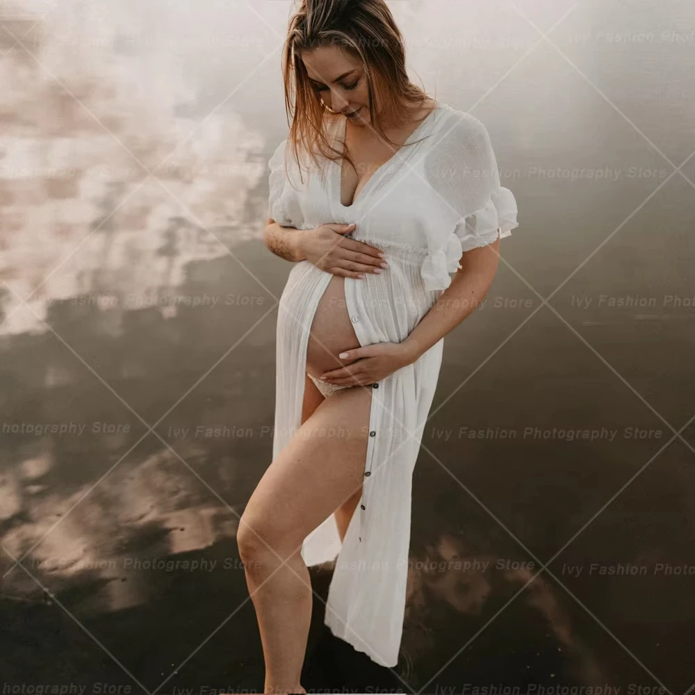 

Maternity Dress Photoshoot Linen Cotton Blend Adjustable Maxi Bohemian Beach Dress For Pregnancy Photo Studio V-Neck Side Slit