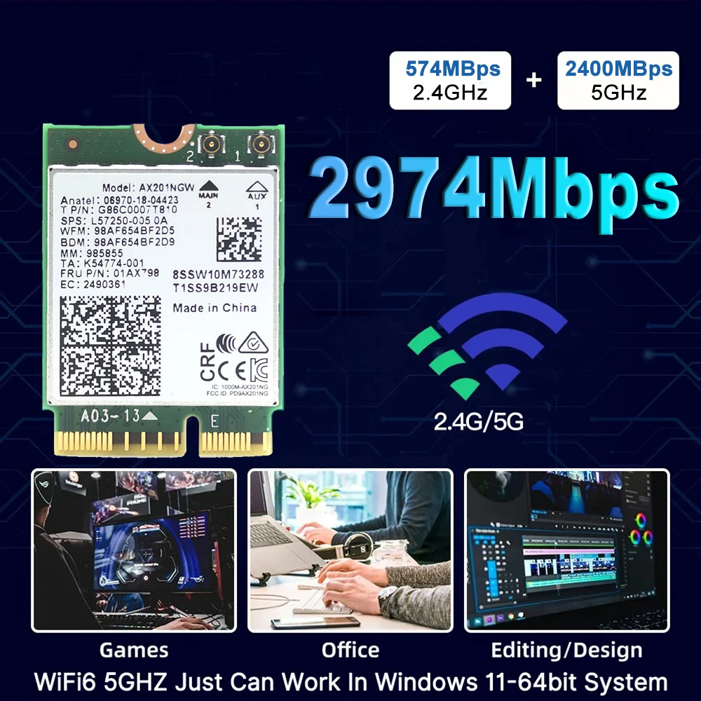 Dual Band 2.4Ghz 5Ghz 3000Mbps WiFi Card Wireless Wi-Fi 6 Adapter AX201NGW Bluetooth 5.1 M.2 NGFF Key E CNVio 2 for Win10
