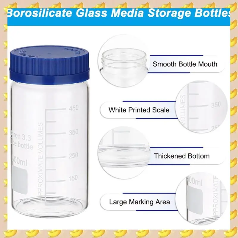 

A45U 4 Pack Reagent Media Storage Bottles, Borosilicate Glass Wide Mouth Graduated Round Bottles With GL32 Screw Cap