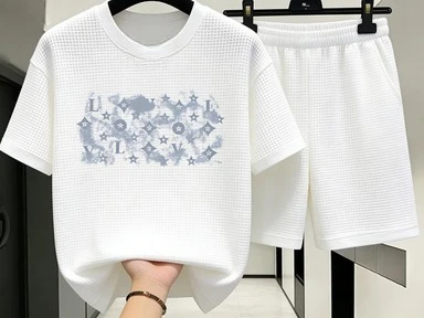 

Waffle Knit Men's 2 Piece Set Luxury Monogram Print Short Sleeve T Shirt Drawstring Shorts Casual Summer Streetwear 2026