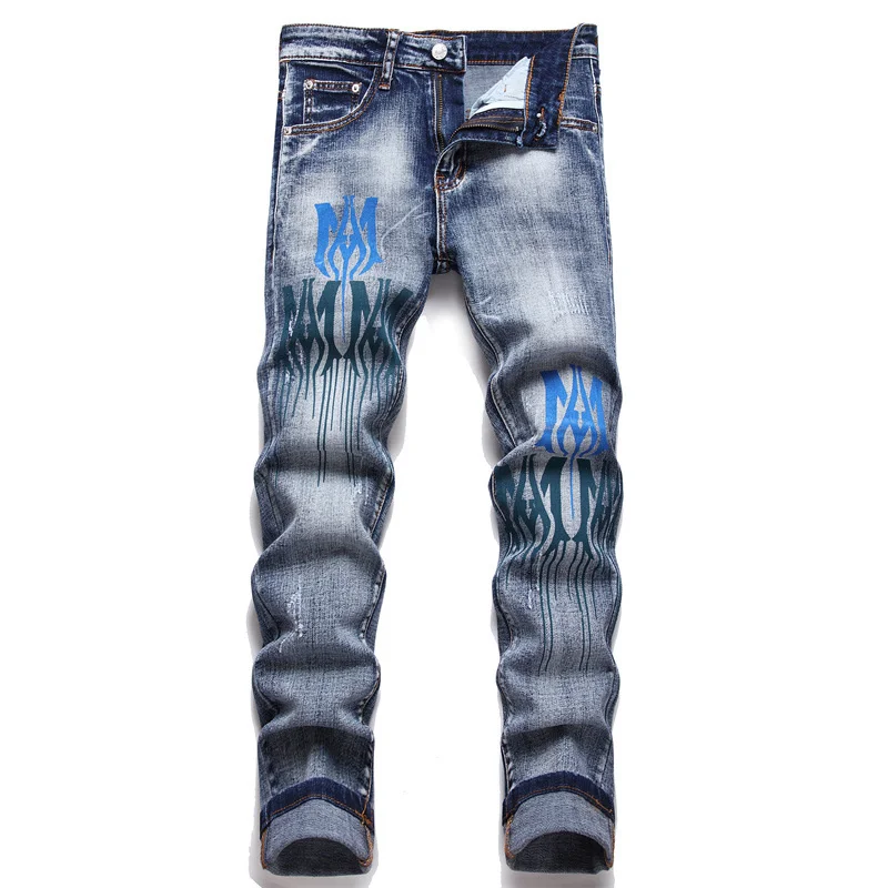 Slim Fit, Elastic, Handmade Full Scan Cotton Stretch Perforated Print, Fashionable Men's Street Denim