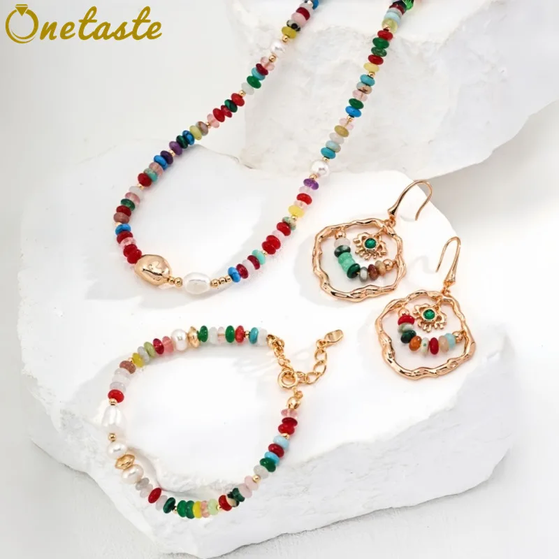 

Colored Stone Pearl 925 Silver Beaded Strand Jewelry Sets With Earrings Necklace Bracelet For Women Delicate Trendy Party Gift